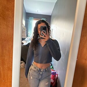 Women's Blue Ribbed V-Neck Crop Top
